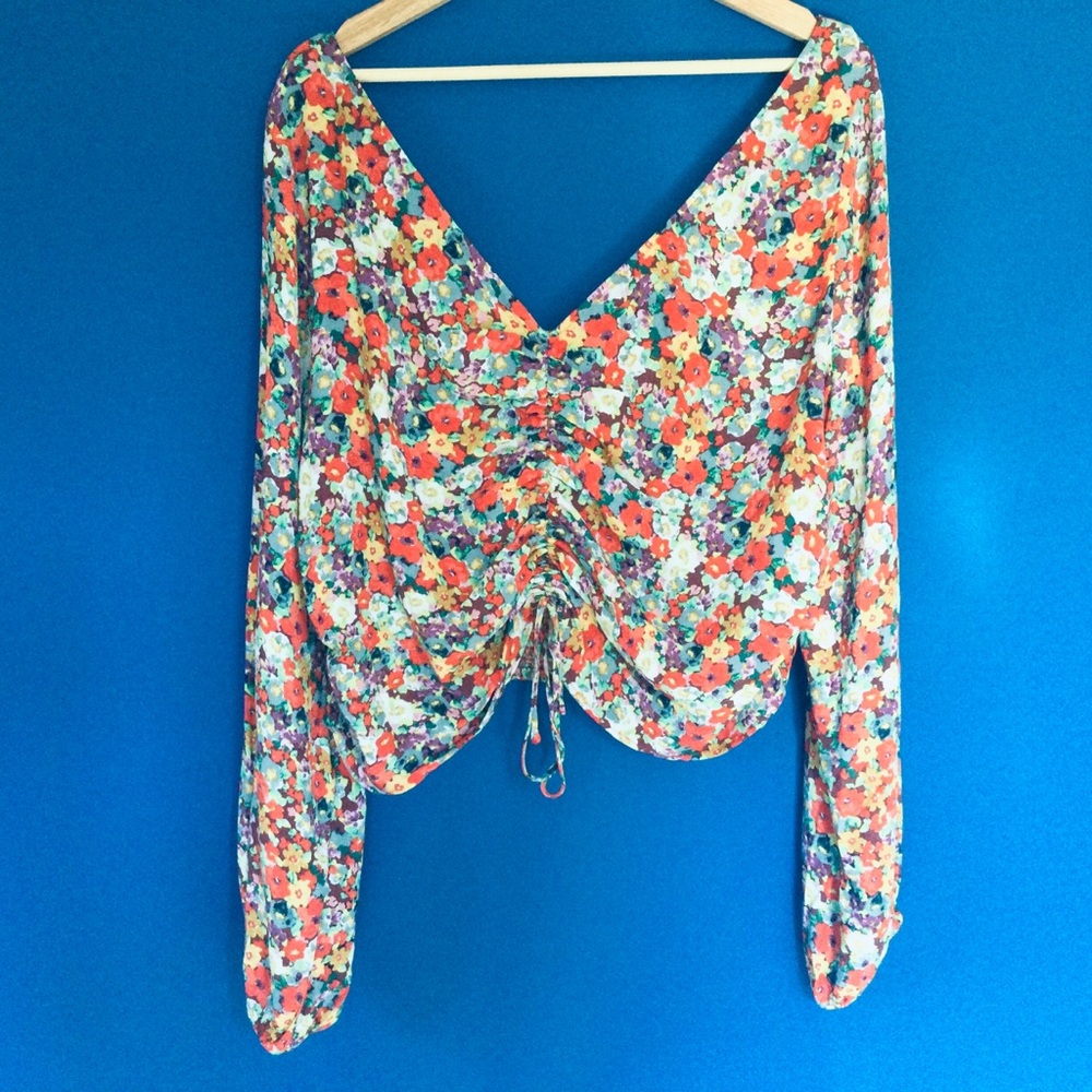 H&M XXL Colorful Floral Crop top Blouse Ruched Balloon Sleeves Plus